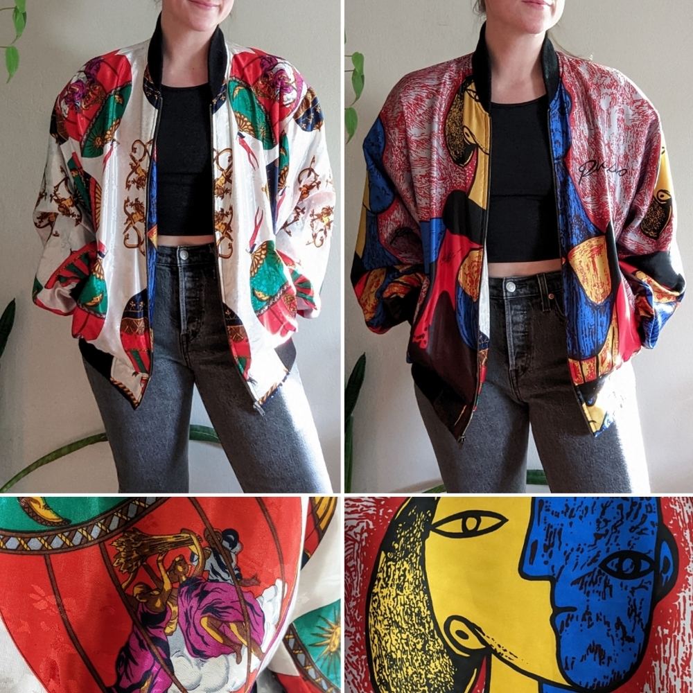 Picasso | Vintage | 90s Reversible Zip Front Satin Bomber Jacket Streetwear - Picture 1 of 13